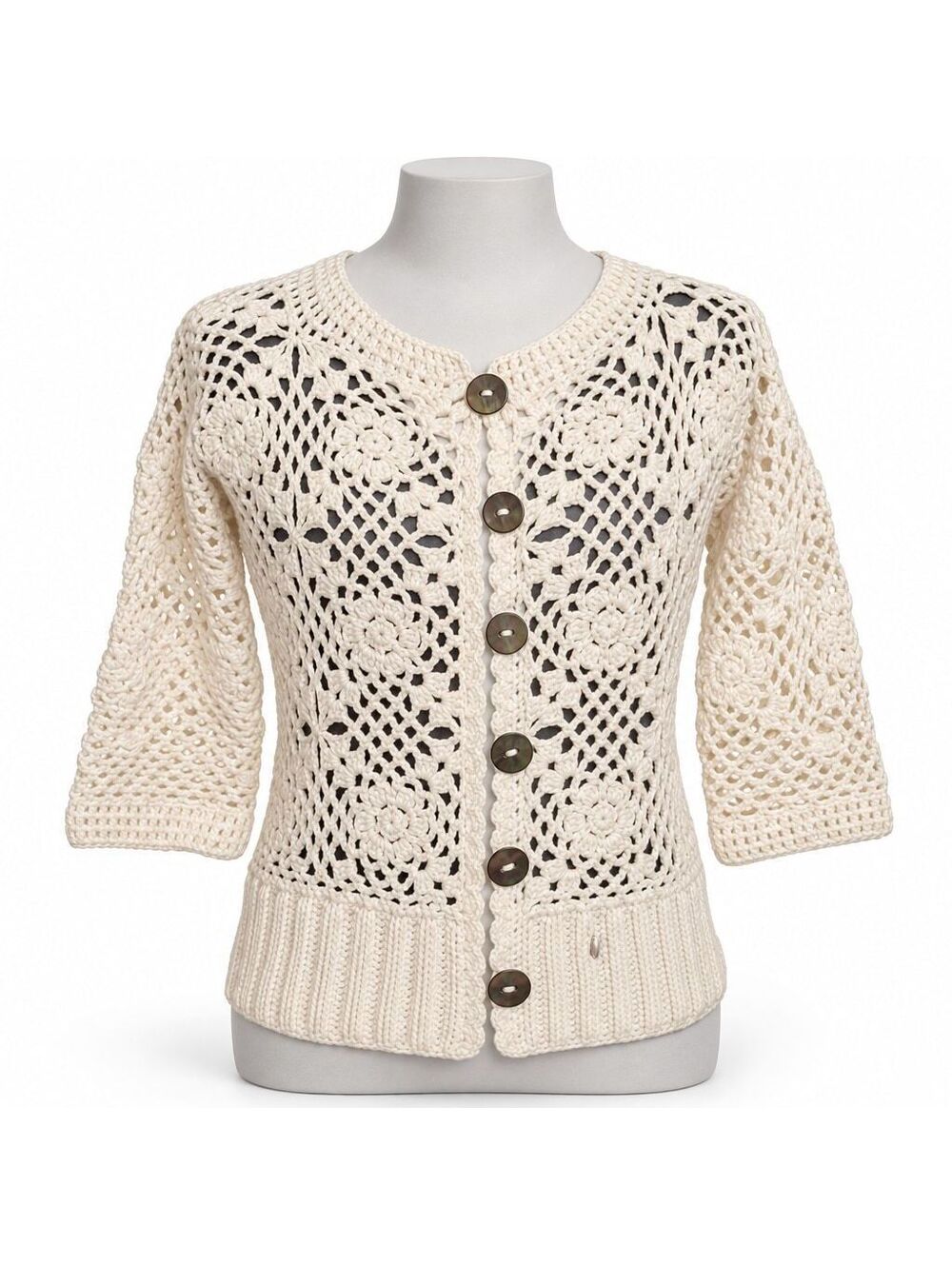 Rico Handknits Y2K Cream Crochet Cardigan Sweater Size S - Picture 3 of 8